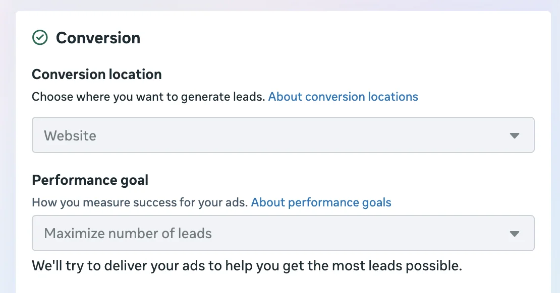 Meta Ads conversion location and performance goal set to maximise leads
