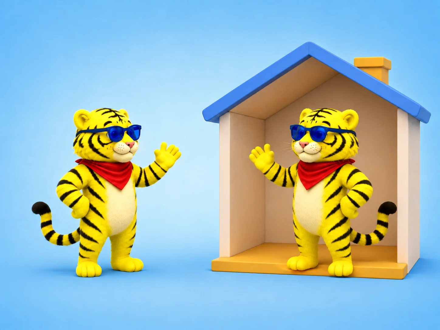 A B2B marketing agency tiger outside a house waving to an in-house marketer tiger inside, illustrating a hybrid marketing team