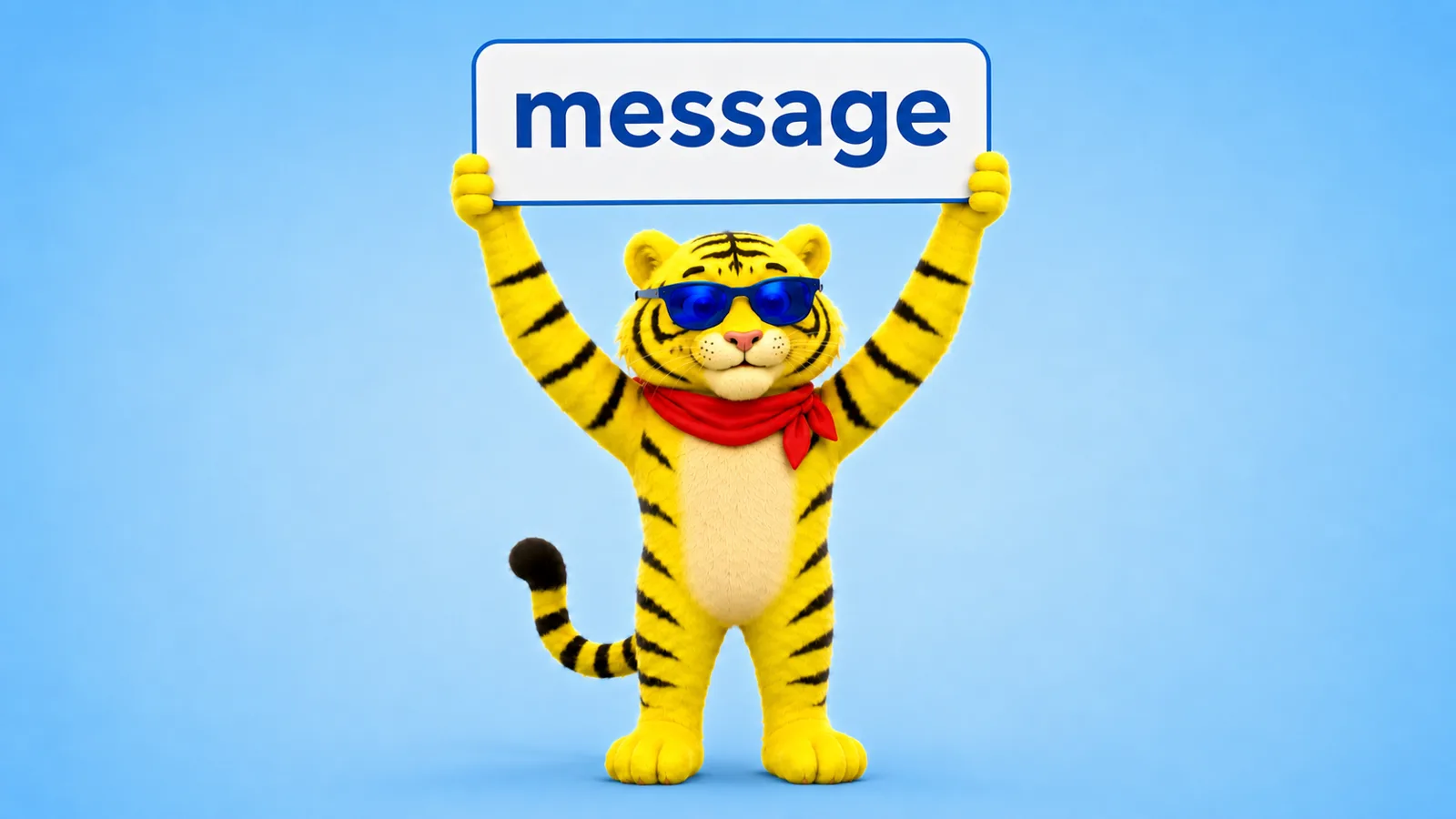 A yellow tiger mascot in sunglasses holding up a sign that reads message, illustrating B2B messaging clarity