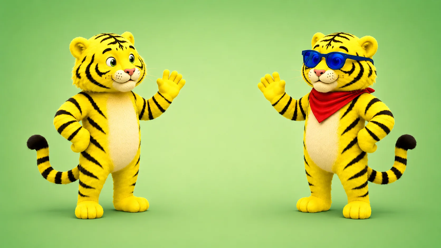 Two yellow tiger mascots facing each other on a green background, one with blue sunglasses, illustrating a SaaS specialist agency versus a generalist agency