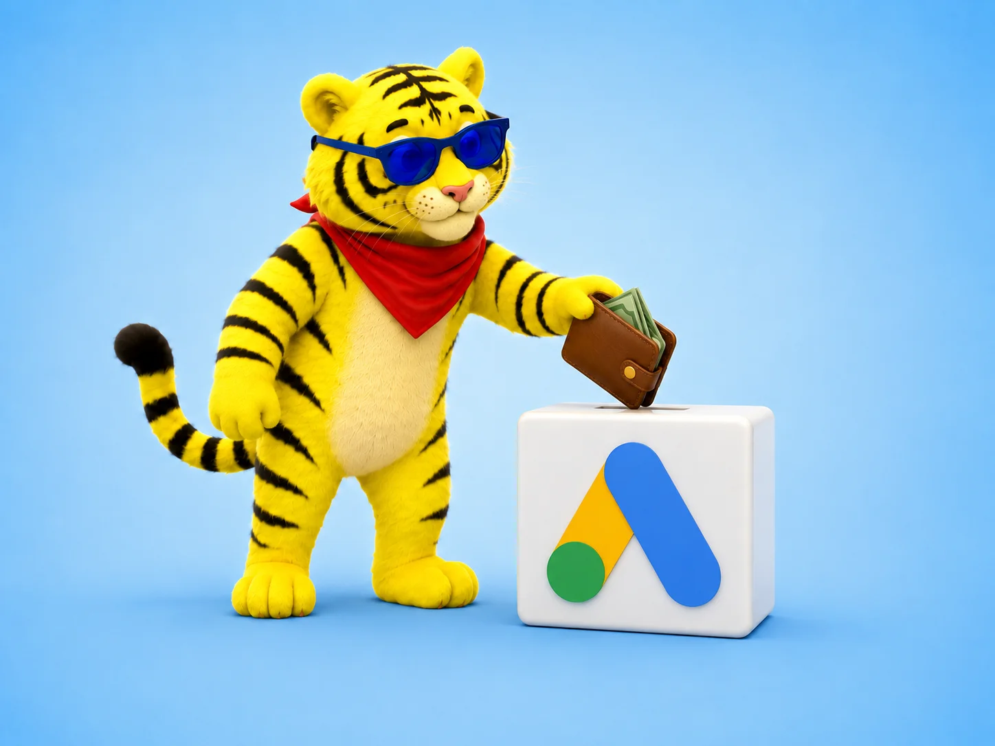 Tiger mascot putting money into a Google Ads box, illustrating paid search investment before SEO