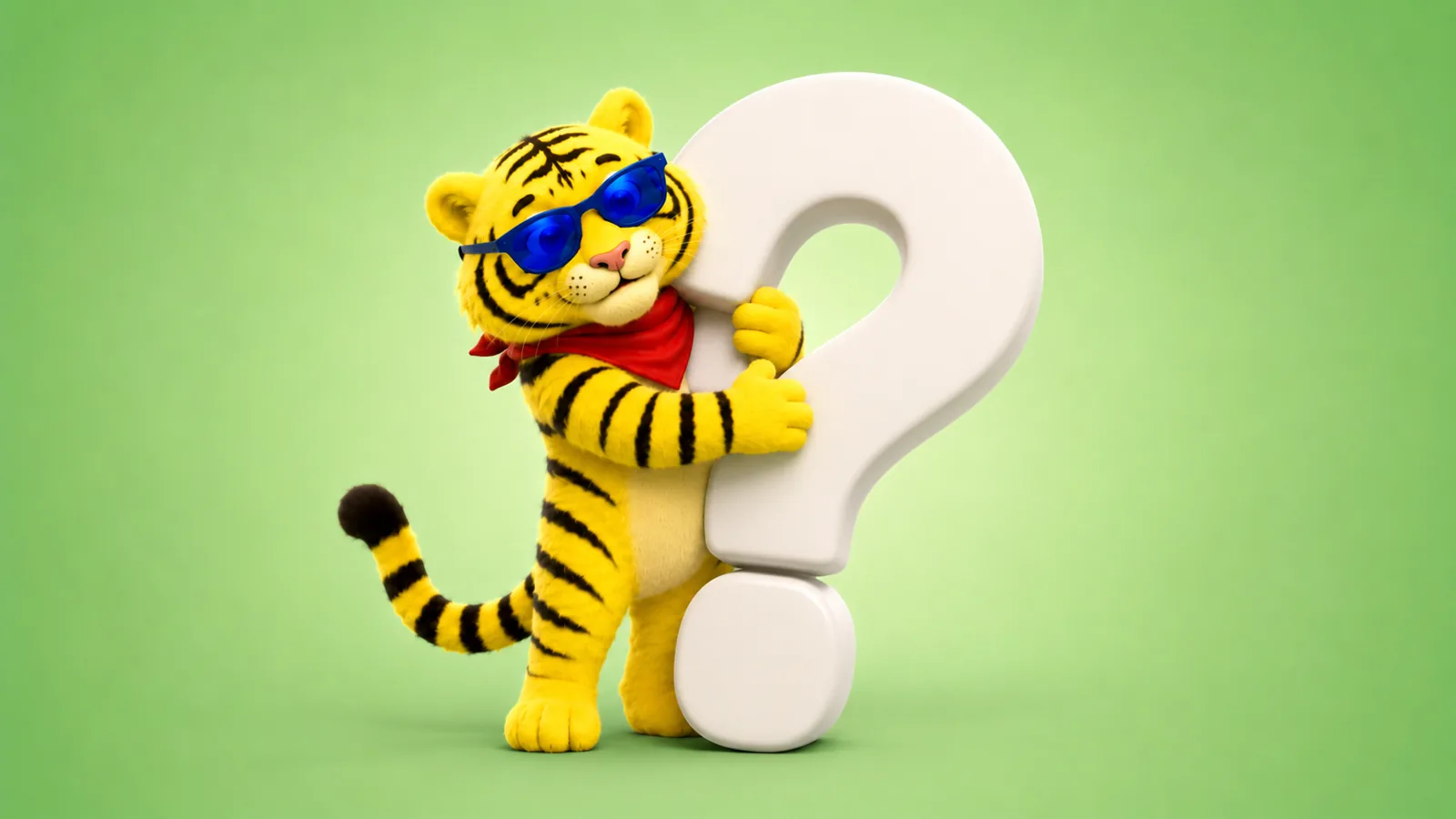 A yellow tiger mascot in sunglasses leaning on a large white question mark, illustrating how to choose a B2B marketing agency