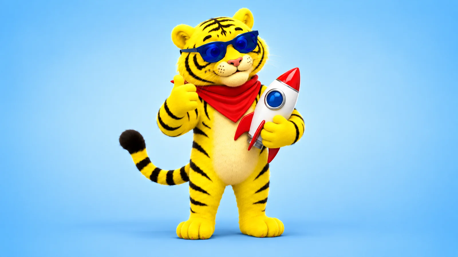 Kraftvertising tiger mascot holding a rocket and giving a thumbs-up, illustrating a new B2B product launch