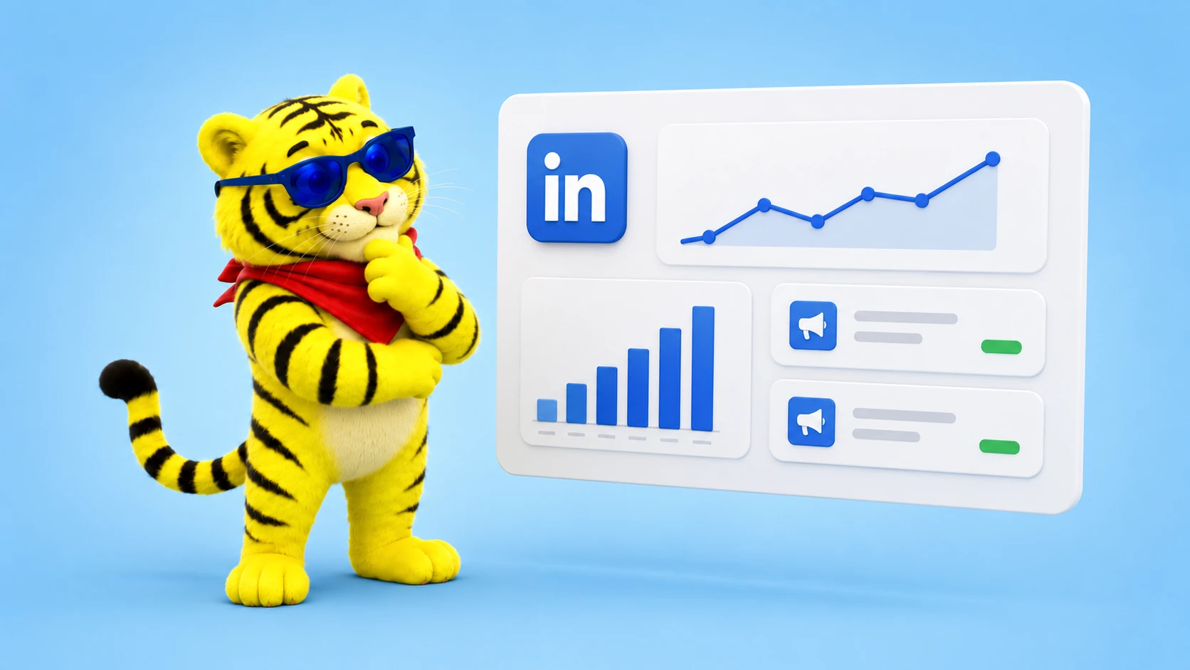 LinkedIn Ads dashboard with a confident tiger mascot representing a LinkedIn marketing agency