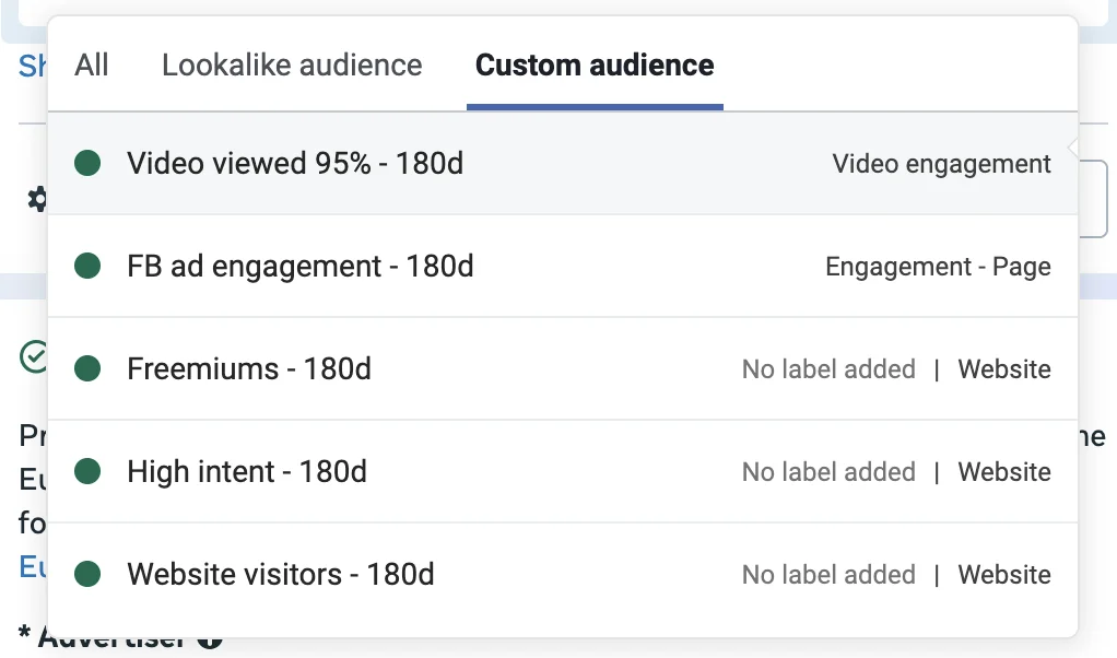 Meta custom audiences for website visitors, video viewers and ad engagement