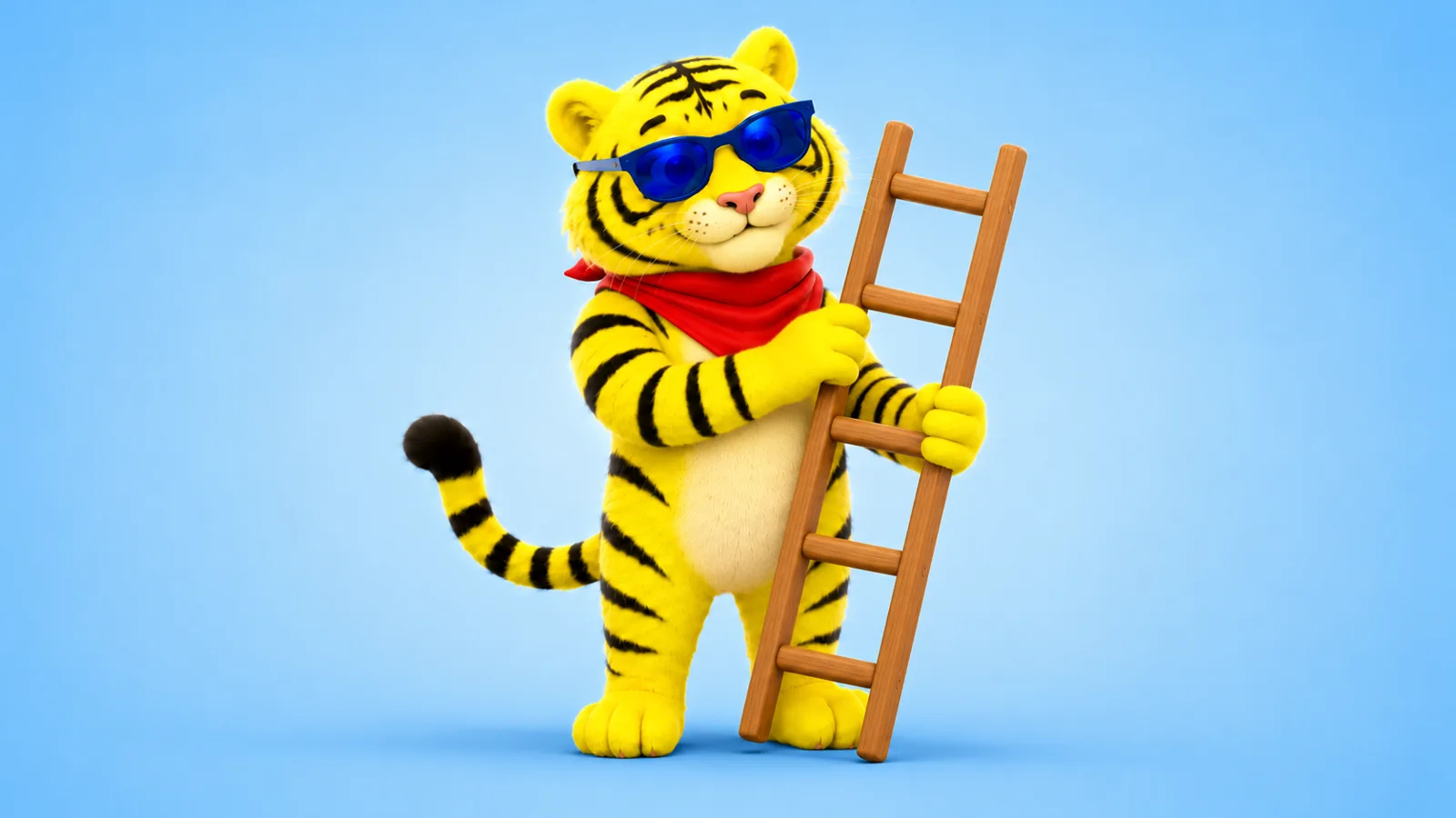 Cheerful Kraftvertising tiger mascot wearing sunglasses and holding a wooden ladder against a blue background