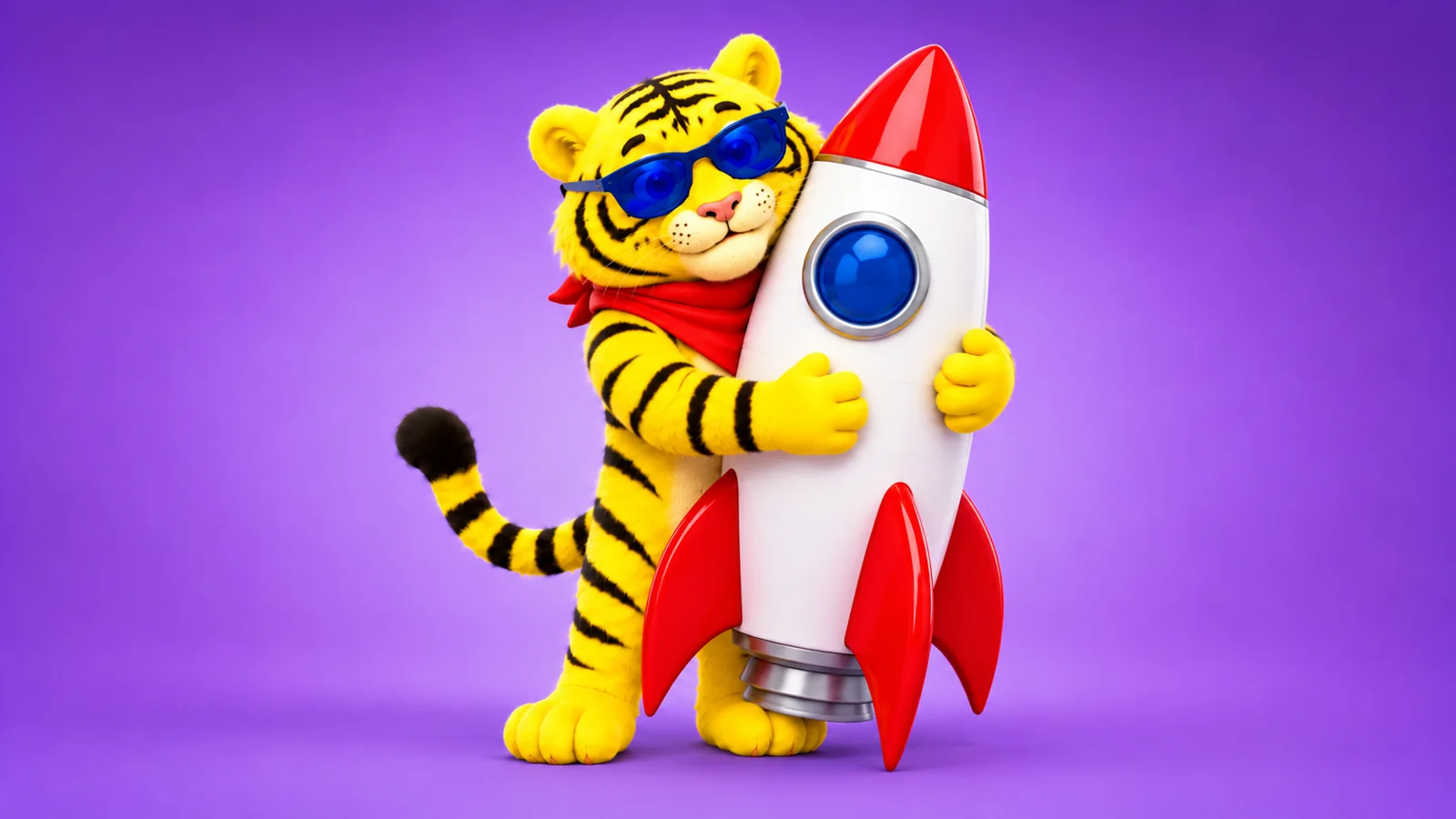 Kraftvertising tiger mascot hugging a rocket, illustrating ownership of a new B2B brand launch
